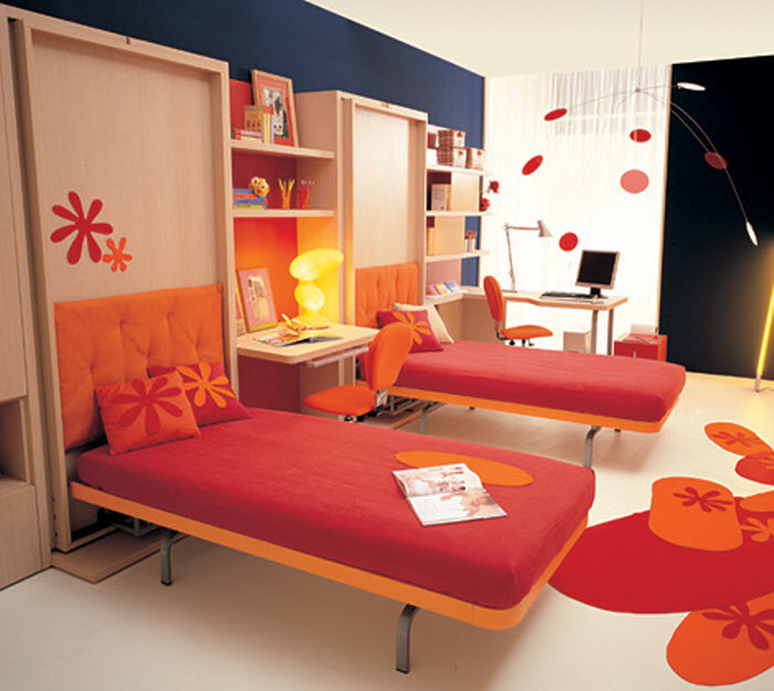 Two single foldable orange beds for kids room  opened