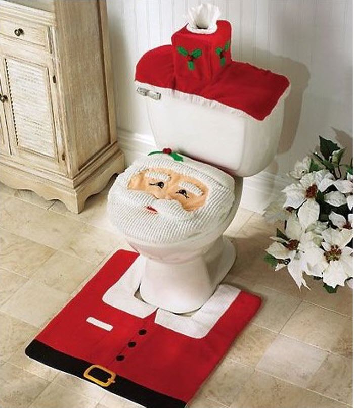 Santa Toilet seat cover & Rug Set for Christmas Bathroom Decoration
