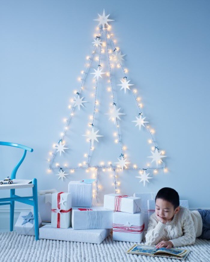 String-Light Wall Tree With Felt Star Ornaments