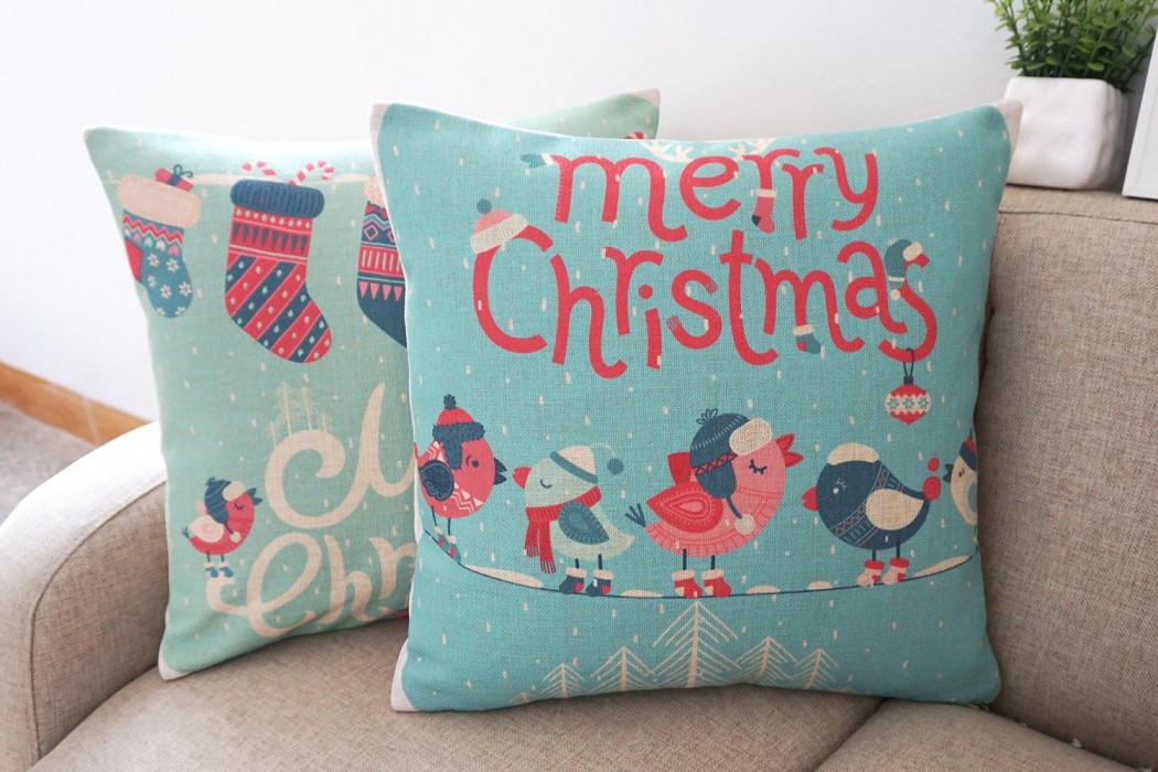 Blue and Green Stocking and Birds Christmas Decorative Pillows Cover
