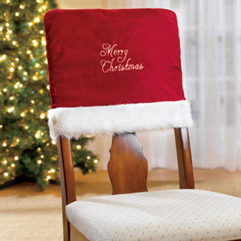 Merry Christmas Embroidered Red Chair Covers for Christmas Dinner Decor
