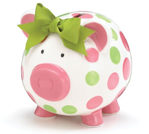 Girls Pink & Green Circles Pig Piggy Bank