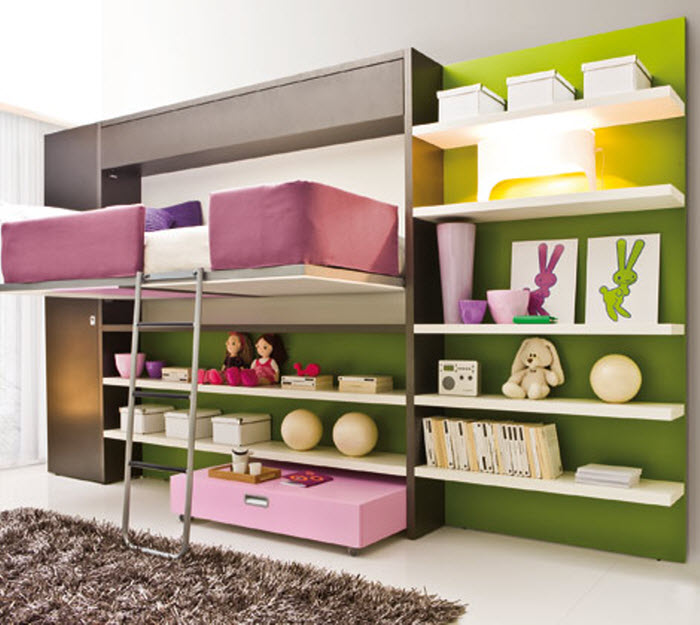 Pink space saving bunk bed opened for girls room