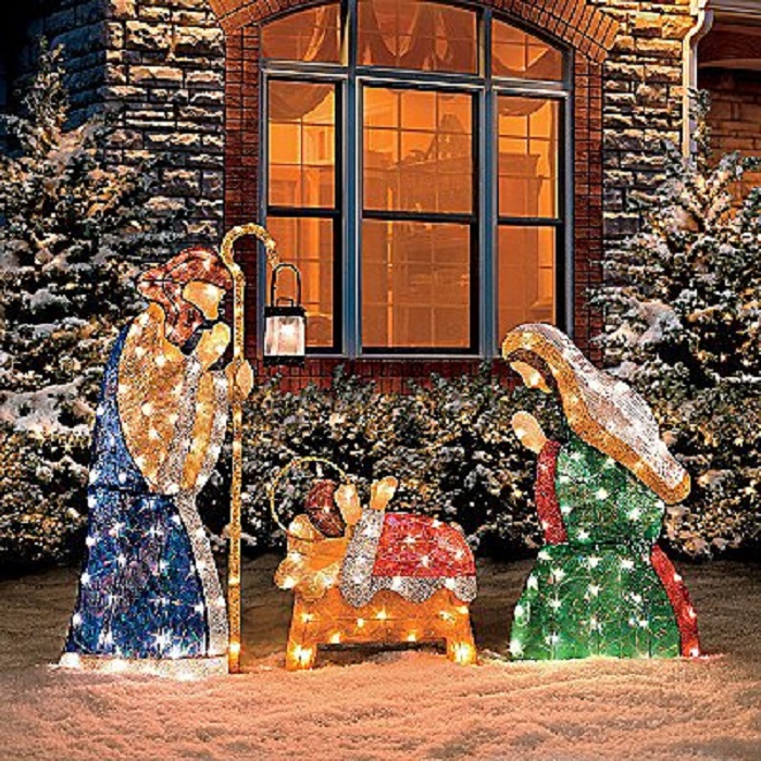 Lighted Holy Family Shimmering Nativity Set Fabric Pvc Metal Frame Stake Mary Joseph Baby Jesus Christmas Holiday Decor