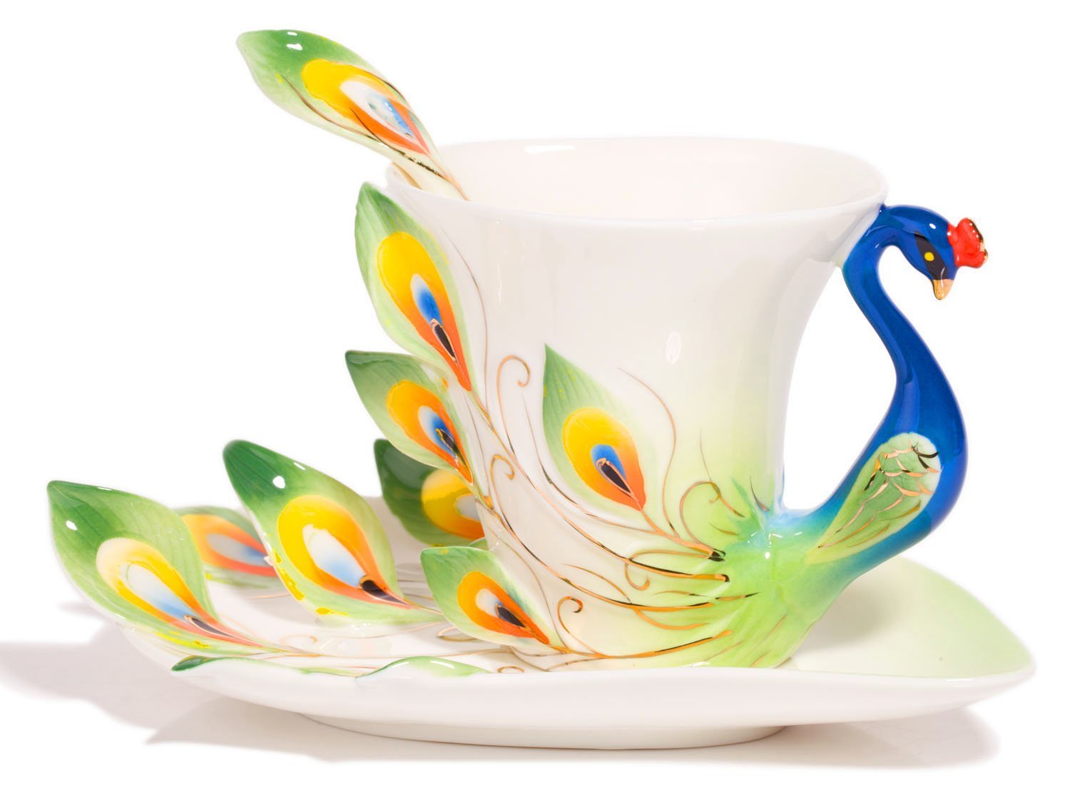 Graceful Peacock Tea Coffee Cup Set with Saucer and Spoon