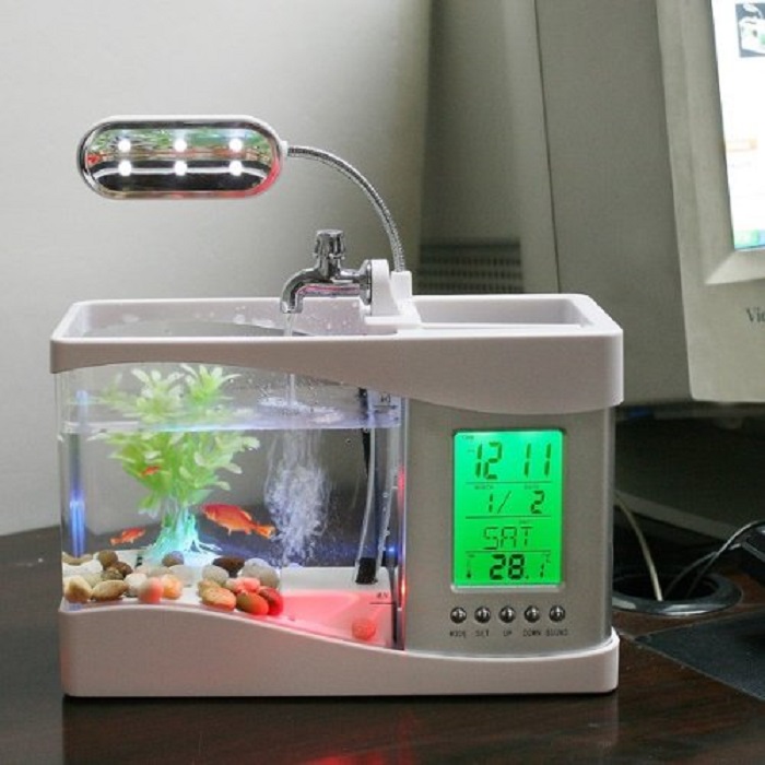White Mini Desktop Managing Aquarium with LED Light & Clock
