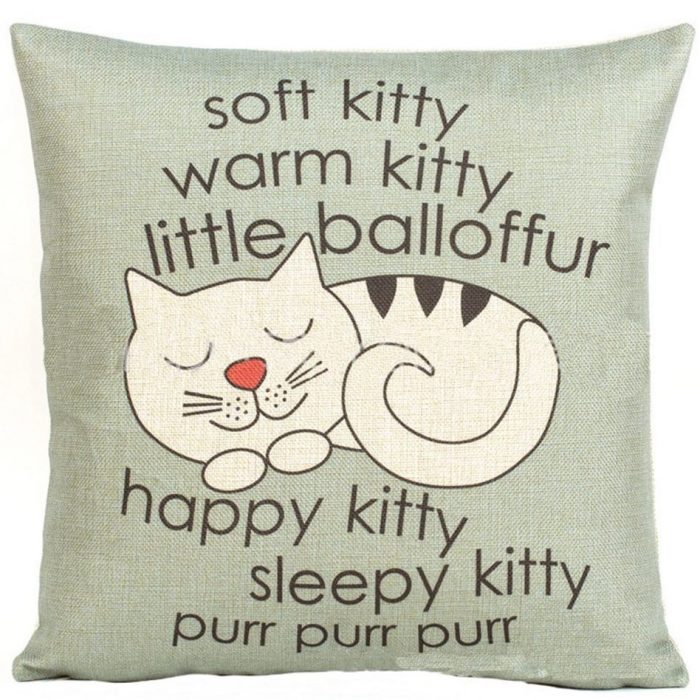 Happy Sleepy Kitty Print Cat Pillow Cover